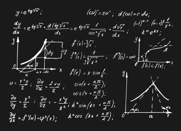 ヴィンテージ教育と科学的背景 三角法理論と黒板上の数式式 ベクトル手描きイラスト — ストックベクタ