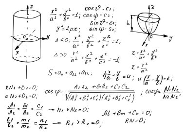 Klasik eğitim ve bilimsel geçmiş. Matematik hukuku teorisi ve matematik formülü, denklem ve şema tahtada. Vektör el çizimi illüstrasyon.