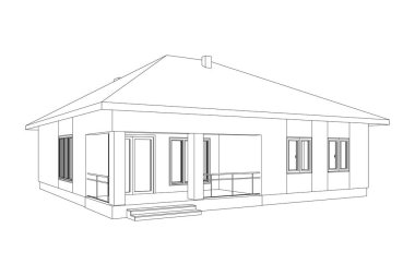 Perspektif 3D banliyö evi. Modern binanın çizimi. Beyaz arka planda kulübe projesi. Vektör planı.