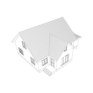 Üç boyutlu banliyö evi modeli. Modern binanın çizimi. Beyaz arka planda kulübe projesi. Vektör planı.
