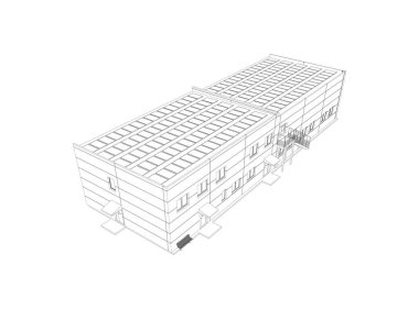 Çağdaş ofis binası ve çatı güneş panelleri. İzole edilmiş üç boyutlu vektör. Ayrıntılı plan.