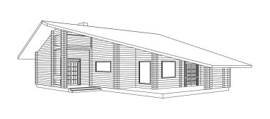 Üç boyutlu banliyö evi modeli. Modern binanın çizimi. Beyaz arka planda kulübe projesi. İlginç bir vektör planı.