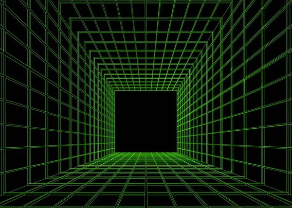 Grille Perspective Tunnel Vectoriel Abstrait Futuriste Fond Noir Vert Conception — Image vectorielle