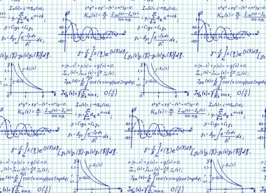 Eğitim ve bilimsel geçmiş. Defter sayfasında denklemler, rakamlar, şemalar, grafikler ve diğer hesaplamalarla matematiksel bir düzen var. El yazısı vektör illüstrasyonu.