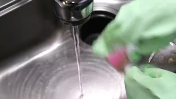 女人们用海绵擦拭厨房的水池 — 图库视频影像