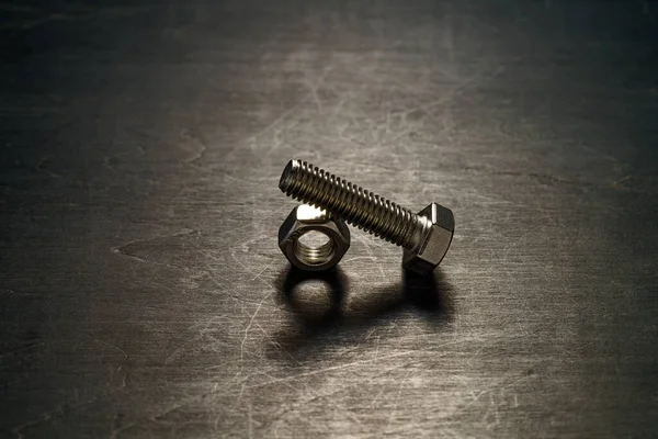 Steel Nuts Bolts Closeup Wooden Table — Stock Photo, Image