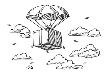 Hand-drawn vector drawing of a Flying Box on a Parachute in the Sky. Black-and-White sketch on a transparent background (.eps-file). Included files are EPS (v10) and Hi-Res JPG.