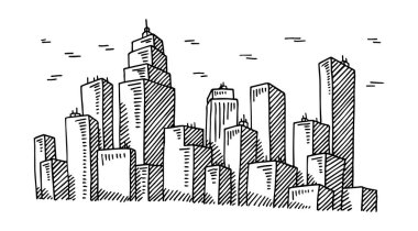 Hand-drawn vector drawing of a Big City Skyline. Black-and-White sketch on a transparent background (.eps-file). Included files are EPS (v10) and Hi-Res JPG