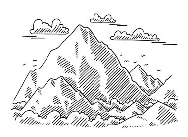 Hand-drawn vector drawing of a Big Mountain Landscape. Black-and-White sketch on a transparent background (.eps-file). Included files are EPS (v10) and Hi-Res JPG.