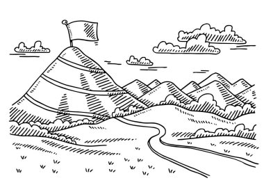 Hand-drawn vector drawing of a Landscape with a Road To a Summit, Business Concept. Black-and-White sketch on a transparent background (.eps-file). Included files are EPS (v10) and Hi-Res JPG.