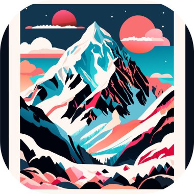 Manzaralı bir vektör duvar kağıdı, karla kaplı zirveleri ve genişleyen buzulları olan görkemli bir dağ silsilesi, poster sanatı, zengin renkli gökyüzü..