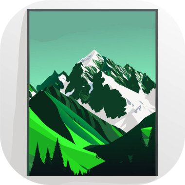 Manzaralı bir vektör duvar kağıdı, karla kaplı zirveleri ve genişleyen buzulları olan görkemli bir dağ silsilesi, poster sanatı, zengin renkli gökyüzü..