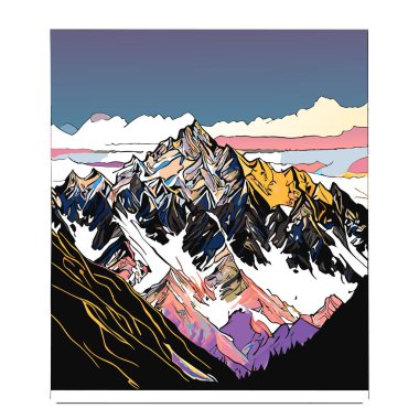 Manzaralı bir vektör duvar kağıdı, karla kaplı zirveleri ve genişleyen buzulları olan görkemli bir dağ silsilesi, poster sanatı, zengin renkli gökyüzü..