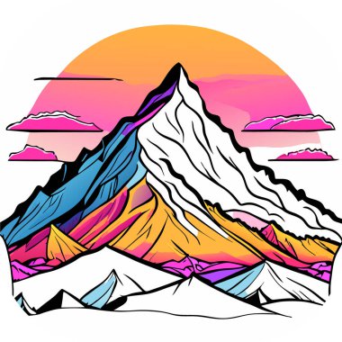 Manzaralı bir vektör duvar kağıdı, karla kaplı zirveleri ve genişleyen buzulları olan görkemli bir dağ silsilesi, poster sanatı, zengin renkli gökyüzü..