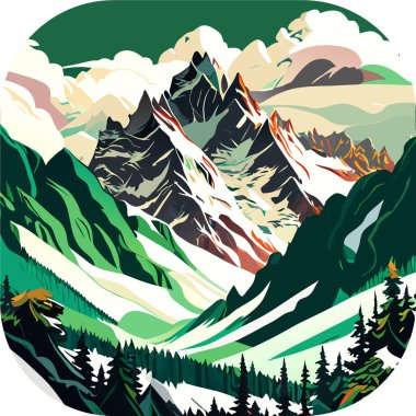 Manzaralı bir vektör duvar kağıdı, karla kaplı zirveleri ve genişleyen buzulları olan görkemli bir dağ silsilesi, poster sanatı, zengin renkli gökyüzü..