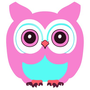 tapılası çizgi film baykuşu, beyaz, pastel mavi, ve pembe, logo, düz dizayn baykuş çizgi film ikonu çizimi