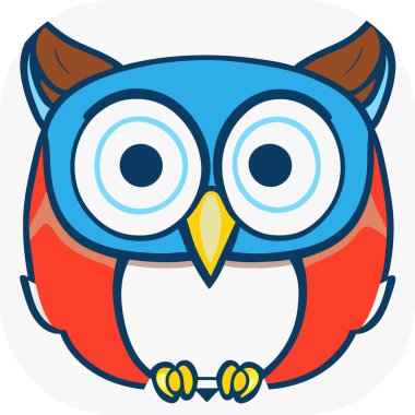 tapılası çizgi film baykuşu, beyaz, pastel mavi, ve pembe, logo, düz dizayn baykuş çizgi film ikonu çizimi