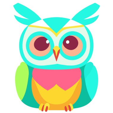 tapılası karikatür baykuşu, beyaz, pastel mavi ve pembe, logo, düz dizayn baykuş çizgi film ikonu vektör çizimi