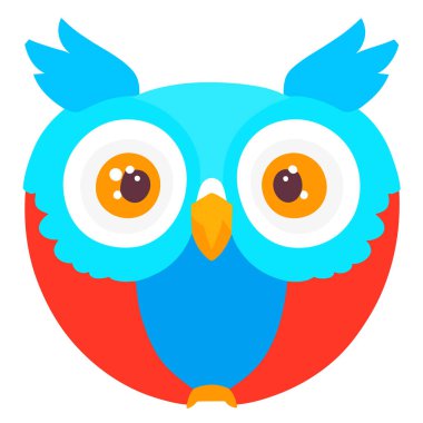 tapılası karikatür baykuşu, beyaz, pastel mavi ve pembe, logo, düz dizayn baykuş çizgi film ikonu vektör çizimi