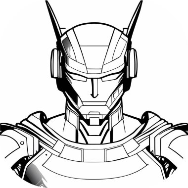 Siberpunk Metalik Portre Sanatı, Hiperrealizm, Bilimkurgu vektörü, siyah-beyaz illüstrasyon kafası. Fütürist logo. posta tasarımı, simge, tişört