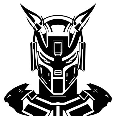 Siberpunk Metalik Portre Sanatı, Hiperrealizm, Bilimkurgu vektörü, siyah-beyaz illüstrasyon kafası. Fütürist logo. posta tasarımı, simge, tişört