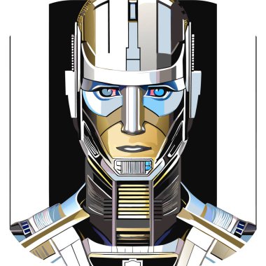 Siberpunk Metalik Portre Sanatı, Hiperrealizm, Bilimkurgu vektörü, siyah-beyaz illüstrasyon kafası. Fütürist logo. posta tasarımı, simge, tişört