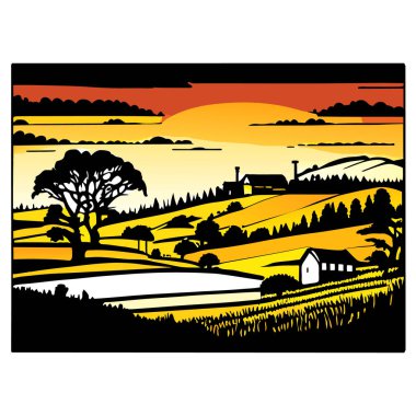 Kırsal alandaki panoramik çayırlar, dağlar ve huzurlu kırsal bölgelerle çevrili bir evin vektör çizimi, dalgalanan tepeler ve tuhaf çiftlik evleri, poster sanatı, hiper detaylı, zengin renkli gökyüzü,