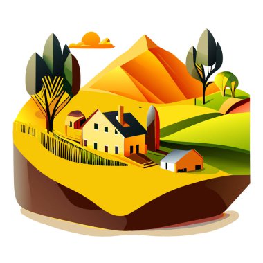 Kırsal alandaki panoramik çayırlar, dağlar ve huzurlu kırsal bölgelerle çevrili bir evin vektör çizimi, dalgalanan tepeler ve tuhaf çiftlik evleri, poster sanatı, hiper detaylı, zengin renkli gökyüzü,
