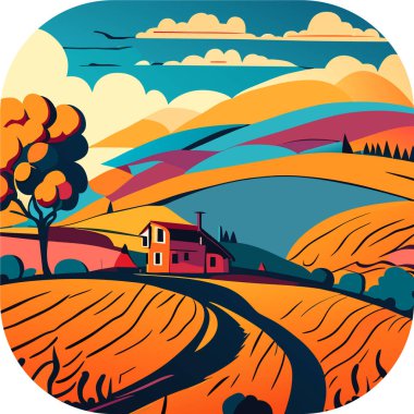 Kırsal alandaki panoramik çayırlar, dağlar ve huzurlu kırsal bölgelerle çevrili bir evin vektör çizimi, dalgalanan tepeler ve tuhaf çiftlik evleri, poster sanatı, hiper detaylı, zengin renkli gökyüzü,