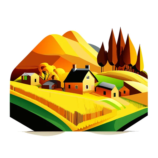 Illustration Vectorielle Une Maison Dans Une Zone Rurale Entourée Prairies — Image vectorielle