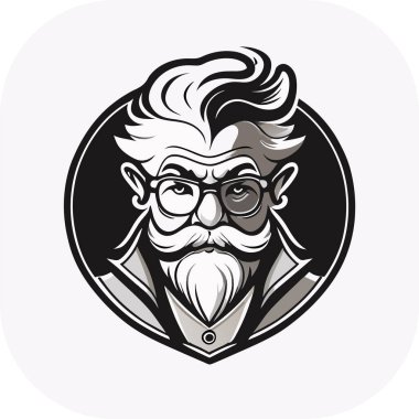 zeki bilim adamı maskotu, klasik, logo, temiz, katı renk, klipsli sanat tarzı, vektör stili, çılgın bilim adamı, klasik logo çizgisi sanat konsepti siyah-beyaz, el çizimi.