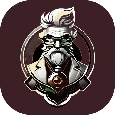 zeki bilim adamı maskotu, klasik, logo, temiz, katı renk, klipsli sanat tarzı, vektör stili, çılgın bilim adamı, klasik logo çizgisi sanat konsepti siyah-beyaz, el çizimi.