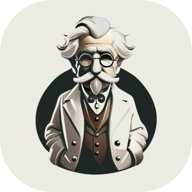 zeki bilim adamı maskotu, klasik, logo, temiz, katı renk, klipsli sanat tarzı, vektör stili, çılgın bilim adamı, klasik logo çizgisi sanat konsepti siyah-beyaz, el çizimi.