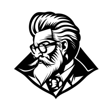 zeki bilim adamı maskotu, klasik, logo, temiz, katı renk, klipsli sanat tarzı, vektör stili, çılgın bilim adamı, klasik logo çizgisi sanat konsepti siyah-beyaz, el çizimi.