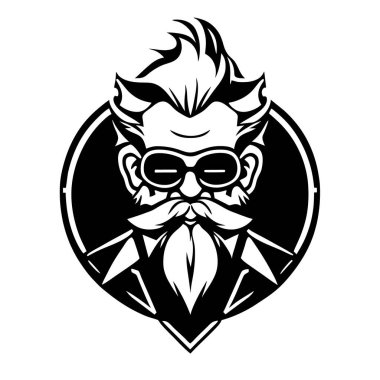 zeki bilim adamı maskotu, klasik, logo, temiz, katı renk, klipsli sanat tarzı, vektör stili, çılgın bilim adamı, klasik logo çizgisi sanat konsepti siyah-beyaz, el çizimi.