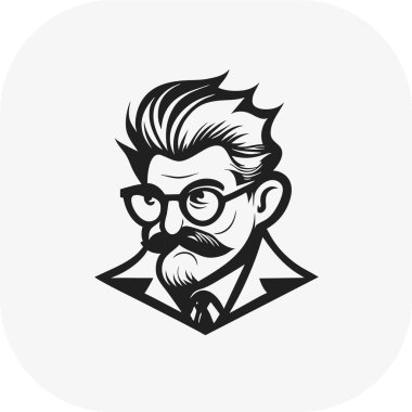 zeki bilim adamı maskotu, klasik, logo, temiz, katı renk, klipsli sanat tarzı, vektör stili, çılgın bilim adamı, klasik logo çizgisi sanat konsepti siyah-beyaz, el çizimi.