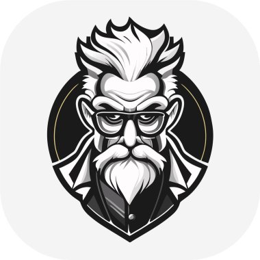 zeki bilim adamı maskotu, klasik, logo, temiz, katı renk, klipsli sanat tarzı, vektör stili, çılgın bilim adamı, klasik logo çizgisi sanat konsepti siyah-beyaz, el çizimi.