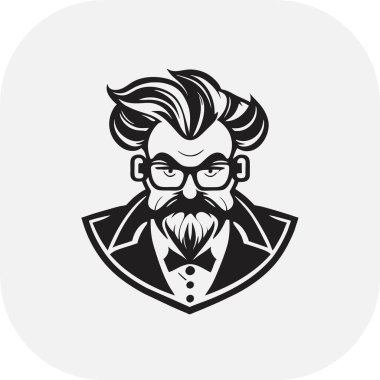 zeki bilim adamı maskotu, klasik, logo, temiz, katı renk, klipsli sanat tarzı, vektör stili, çılgın bilim adamı, klasik logo çizgisi sanat konsepti siyah-beyaz, el çizimi.