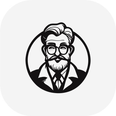 zeki bilim adamı maskotu, klasik, logo, temiz, katı renk, klipsli sanat tarzı, vektör stili, çılgın bilim adamı, klasik logo çizgisi sanat konsepti siyah-beyaz, el çizimi.