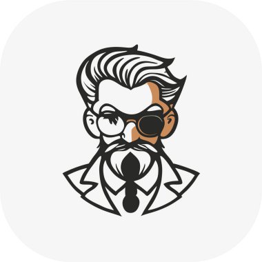 zeki bilim adamı maskotu, klasik, logo, temiz, katı renk, klipsli sanat tarzı, vektör stili, çılgın bilim adamı, klasik logo çizgisi sanat konsepti siyah-beyaz, el çizimi.