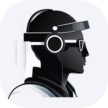 Sanal gerçeklikte oyuncu. VR kulaklık ve soyut Vektör illüstrasyonu takan bir kişi, doğrusal minimalist modern monokromatik multimedya 'ya ilham vererek, karmaşık tanıların doğal portresini sessize aldı..