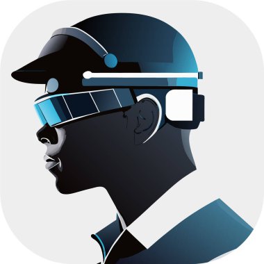 Sanal gerçeklikte oyuncu. VR kulaklık ve soyut Vektör illüstrasyonu takan bir kişi, doğrusal minimalist modern monokromatik multimedya 'ya ilham vererek, karmaşık tanıların doğal portresini sessize aldı..