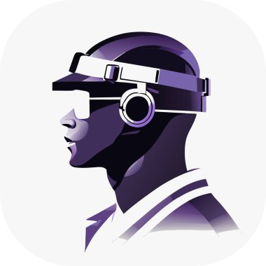Sanal gerçeklikte oyuncu. VR kulaklık ve soyut Vektör illüstrasyonu takan bir kişi, doğrusal minimalist modern monokromatik multimedya 'ya ilham vererek, karmaşık tanıların doğal portresini sessize aldı..