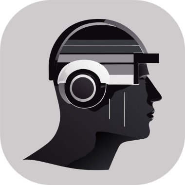 Sanal gerçeklikte oyuncu. VR kulaklık ve soyut Vektör illüstrasyonu takan bir kişi, doğrusal minimalist modern monokromatik multimedya 'ya ilham vererek, karmaşık tanıların doğal portresini sessize aldı..