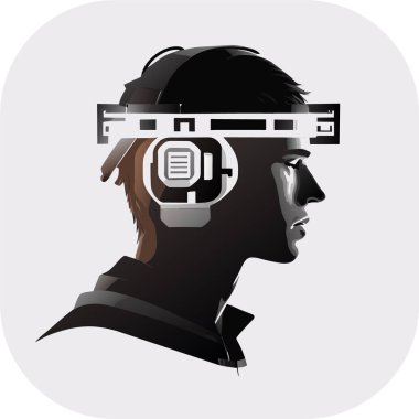 Sanal gerçeklikte oyuncu. VR kulaklık ve soyut Vektör illüstrasyonu takan bir kişi, doğrusal minimalist modern monokromatik multimedya 'ya ilham vererek, karmaşık tanıların doğal portresini sessize aldı..