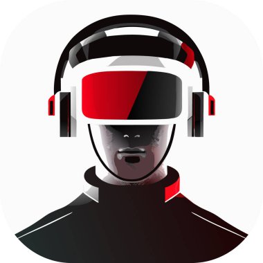 Sanal gerçeklikte oyuncu. VR kulaklık ve soyut Vektör illüstrasyonu takan bir kişi, doğrusal minimalist modern monokromatik multimedya 'ya ilham vererek, karmaşık tanıların doğal portresini sessize aldı..