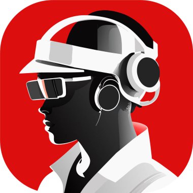 Sanal gerçeklikte oyuncu. VR kulaklık ve soyut Vektör illüstrasyonu takan bir kişi, doğrusal minimalist modern monokromatik multimedya 'ya ilham vererek, karmaşık tanıların doğal portresini sessize aldı..