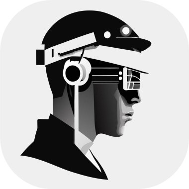 Sanal gerçeklikte oyuncu. VR kulaklık ve soyut Vektör illüstrasyonu takan bir kişi, doğrusal minimalist modern monokromatik multimedya 'ya ilham vererek, karmaşık tanıların doğal portresini sessize aldı..