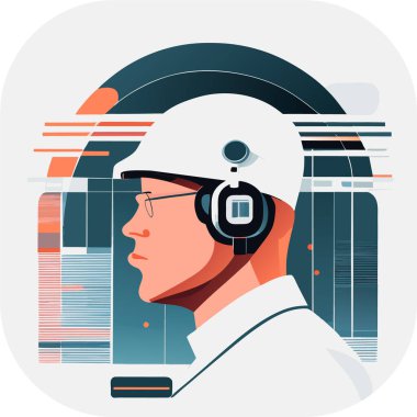 Sanal gerçeklikte oyuncu. VR kulaklık ve soyut Vektör illüstrasyonu takan bir kişi, doğrusal minimalist modern monokromatik multimedya 'ya ilham vererek, karmaşık tanıların doğal portresini sessize aldı..