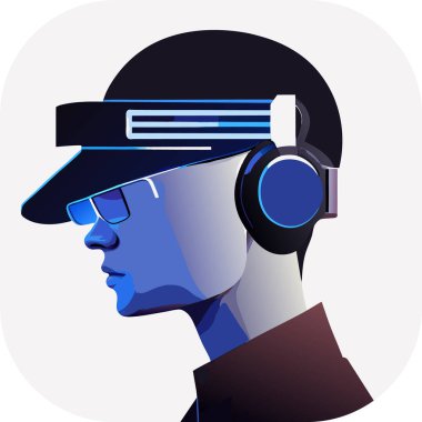 Sanal gerçeklikte oyuncu. VR kulaklık ve soyut Vektör illüstrasyonu takan bir kişi, doğrusal minimalist modern monokromatik multimedya 'ya ilham vererek, karmaşık tanıların doğal portresini sessize aldı..